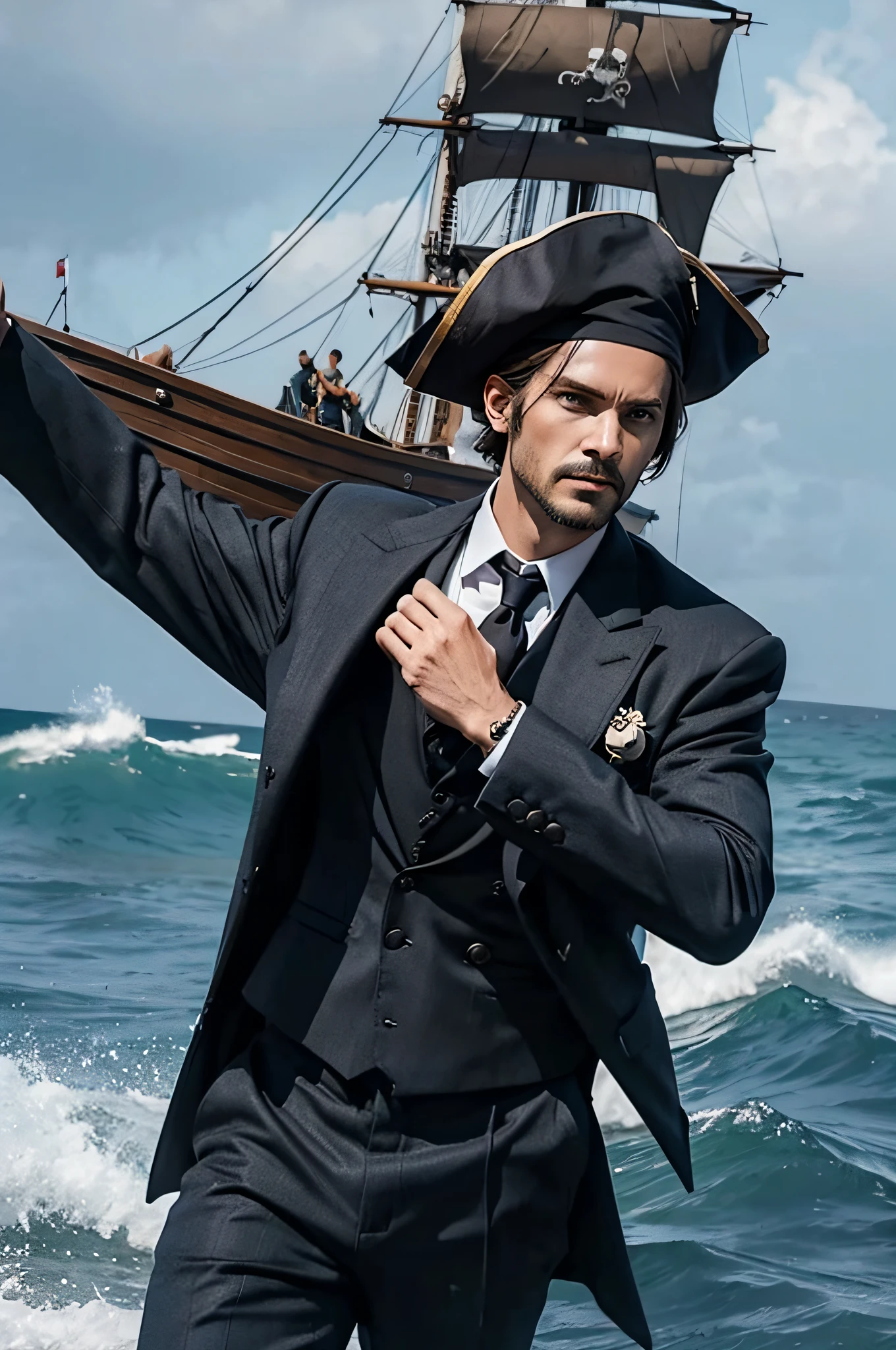 Pirate Ship Men in suits Lifelike face Rough seas fray 8K