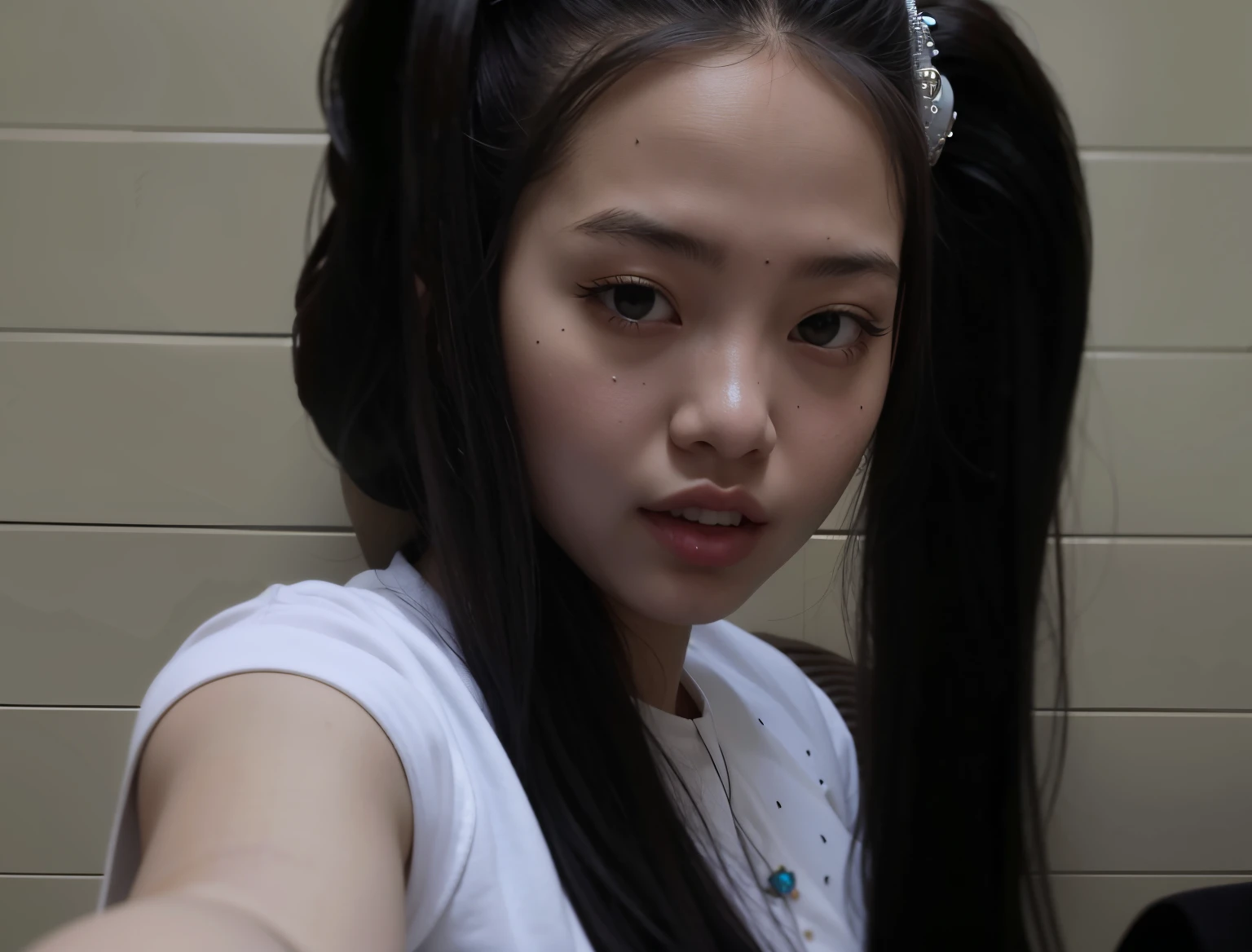 there is a young woman with long hair holding a cell phone, jennie blackpink, jossi do blackpink, Retrato de Jossi de Blackpink, wan adorable korean face, Parque Roseanne do Blackpink, com rabo-de-porco preto, Jaeyeon Nam, Ulzzang, Ui, 韓国アイドル, Gongbi, TaeJune Kim, Parque Ji-min, aesthetic!!!!!! female genie