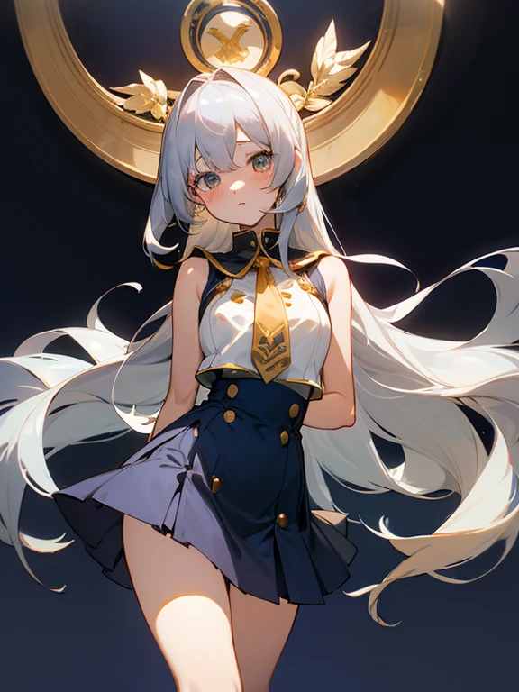Portrait of a girl with long silver hair、bustshot、Sleeveless, High collar white button front shirt、Navy cameo ribbon tie with large gold trim、Dark blue cameo with golden border and white female silhouette.、Navy blue high waist flared miniskirt with bustier、The skin of white socks above the knee、Bursting smile、Redness of the cheeks