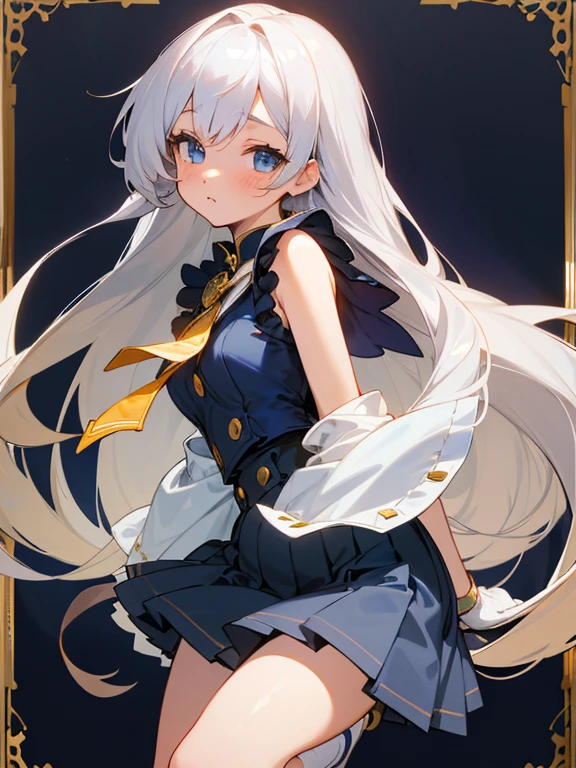 Portrait of a girl with long silver hair、bustshot、Sleeveless, High collar white button front shirt、Navy cameo ribbon tie with large gold trim、Dark blue cameo with golden border and white female silhouette.、Navy blue high waist flared miniskirt with bustier、The skin of white socks above the knee、Bursting smile、Redness of the cheeks