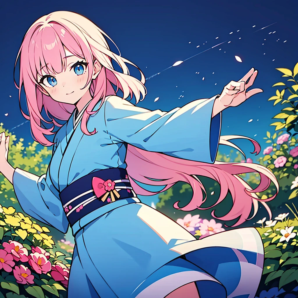 garden background, 1woman, break pink hair, break blue eyes, blue kimono, long sleeves, medium length hair, high detail, dancing