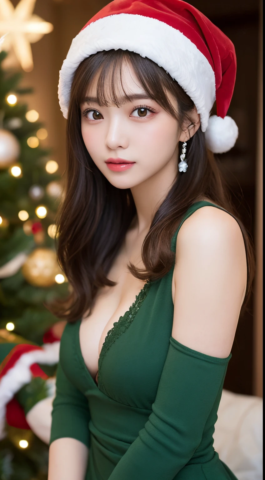 finely detail, hight resolution, hightquality、Perfect dynamic composition, Beautiful detailed eyes, Medium Hair, Natural Color Lip,Kamimehibuya、20 years girl、girl,1 persons、Transparent skin、Glowing hair、masutepiece, Best Quality, Illustration, Ultra-detailed, finely detail, hight resolution, 8K、The correct state of the human body、Randomly cute poses,Ponytail hair,beauty legs,Perfect beautiful face,KPOP Idol Face,Face that feels ecstasy,(Super cute face in idol style:1.2), Christmas tree,Christmas Party,Santa Claus Costume:1.2,cleavage of the breast,Background blur,Randomly dress up as a model for a women's fashion magazine,getting on all fours,Raise your buttocks,on the beds