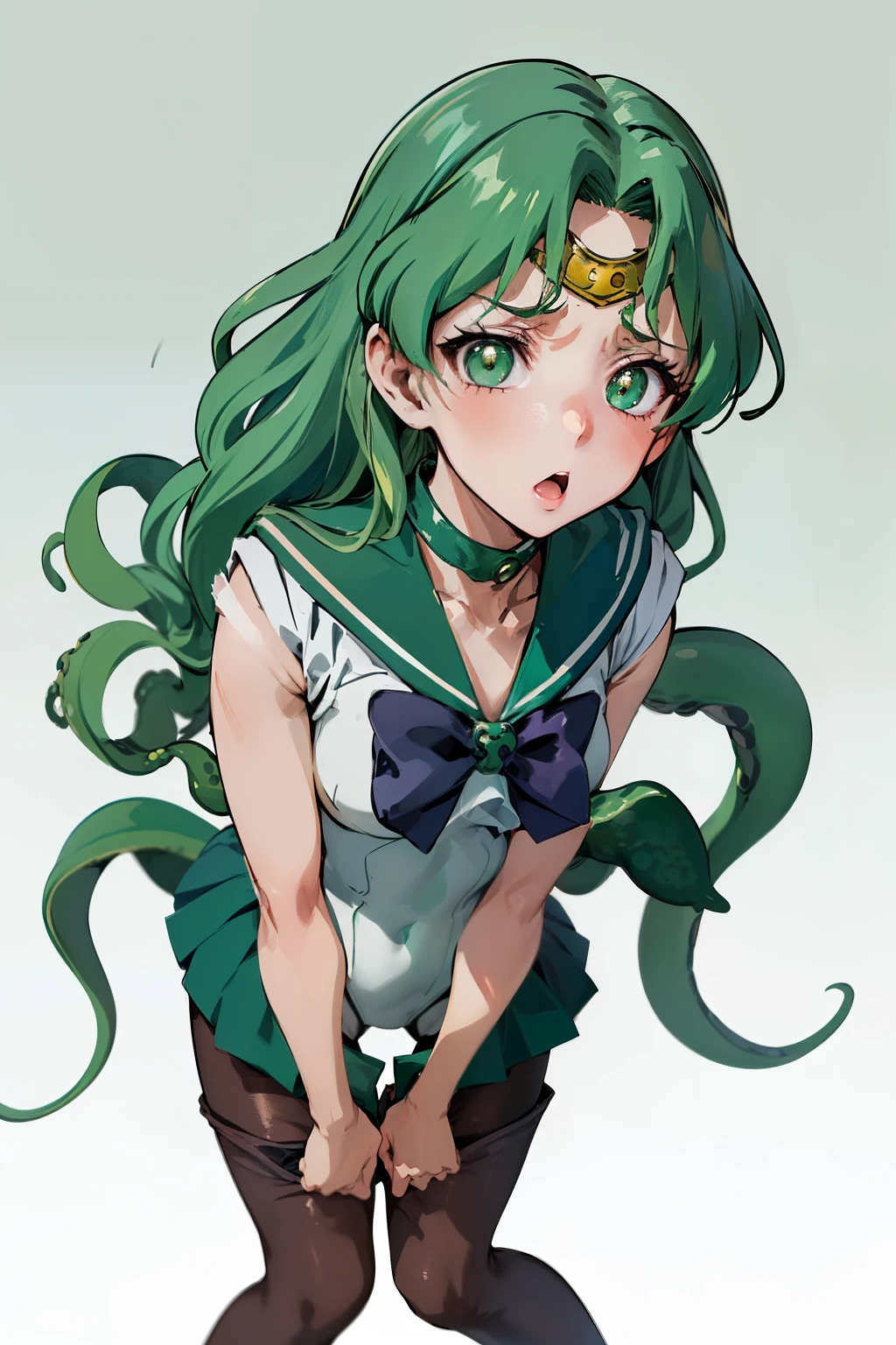 masutepiece, Best Quality, 1girl in, (Sailor Neptune),Green head hair, (Green eye:1.2),((Leotard))、((long boots))、((pantyhose))、((Tentacle background))、length hair、poneyTail、((embarassed expression))、((tentacles wrapped around legs))、((a miniskirt))、((Tentacles wrap around your hand))