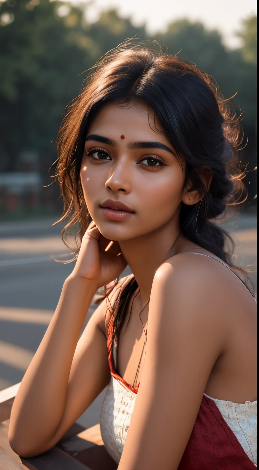 young Indian girl, 18-year-old, red top, gentle lighting, intricate facial details, flawless complexion, top-notch 3D rendering, hyper-realistic, shot on Indian road. photorealistic digital art trending on Artstation 8k HD high definition detailed realistic, detailed, skin texture, hyper detailed, realistic skin texture, armature, best quality, ultra high res, (photorealistic:1.4),, high resolution, detailed, raw photo, 400 camera f1.6 lens rich colors hyper realistic lifelike texture dramatic lighting unrealengine trending on artstation cinestill 800