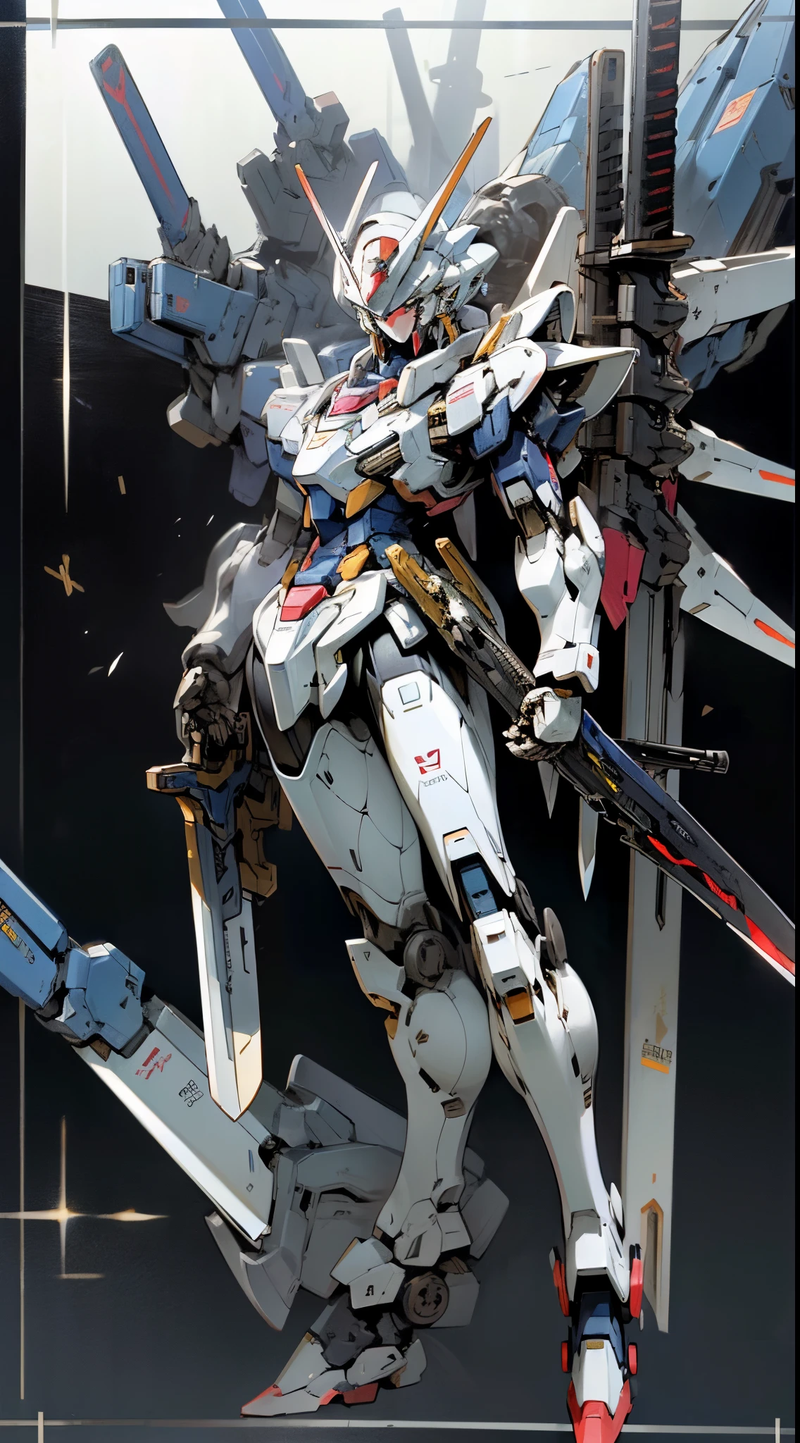 surrealism、光线追踪、Photorealsitic、high detailing、32K、top-quality、textured skint、masterpiece、Gundam Mech、Detailed drawing body、Symmetrical body、(full body Esbian)、(Black Mecha:1.5)、Large shoulder armor、Gundam Head、Slim Head、Detailed and accurate、(Axisymmetric)、(Movie Light:1.1)、Cool、Laser gun、(Holding weapons: 1.5) 、gundam face、detailed and precise、frontage