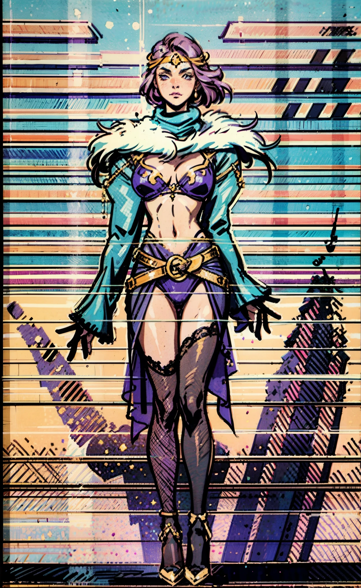 A beautiful woman, short purple hair, long bangs covering her left eye, a headband on her forehead, an exquisite and charming face, a mysterious gaze, a faint smile, draped over her shoulders a thick fur scarf connected to sleeves made of the same fur, a fantasy-style bikini outfit, showcases her delicate and alluring figure, a fur belt around her waist, the background features a cracked giant stone in the wilderness emitting an eerie glow, this character embodies a finely crafted fantasy-style female villain in anime style, exquisite and mature manga art style, perfect body, perfect nose, goddess, femminine, high definition, best quality, highres, ultra-detailed, ultra-fine painting, extremely delicate, professional, anatomically correct, symmetrical face, extremely detailed eyes and face, high quality eyes, creativity, RAW photo, UHD, 8k, Natural light, cinematic lighting, masterpiece-anatomy-perfect, masterpiece:1.5