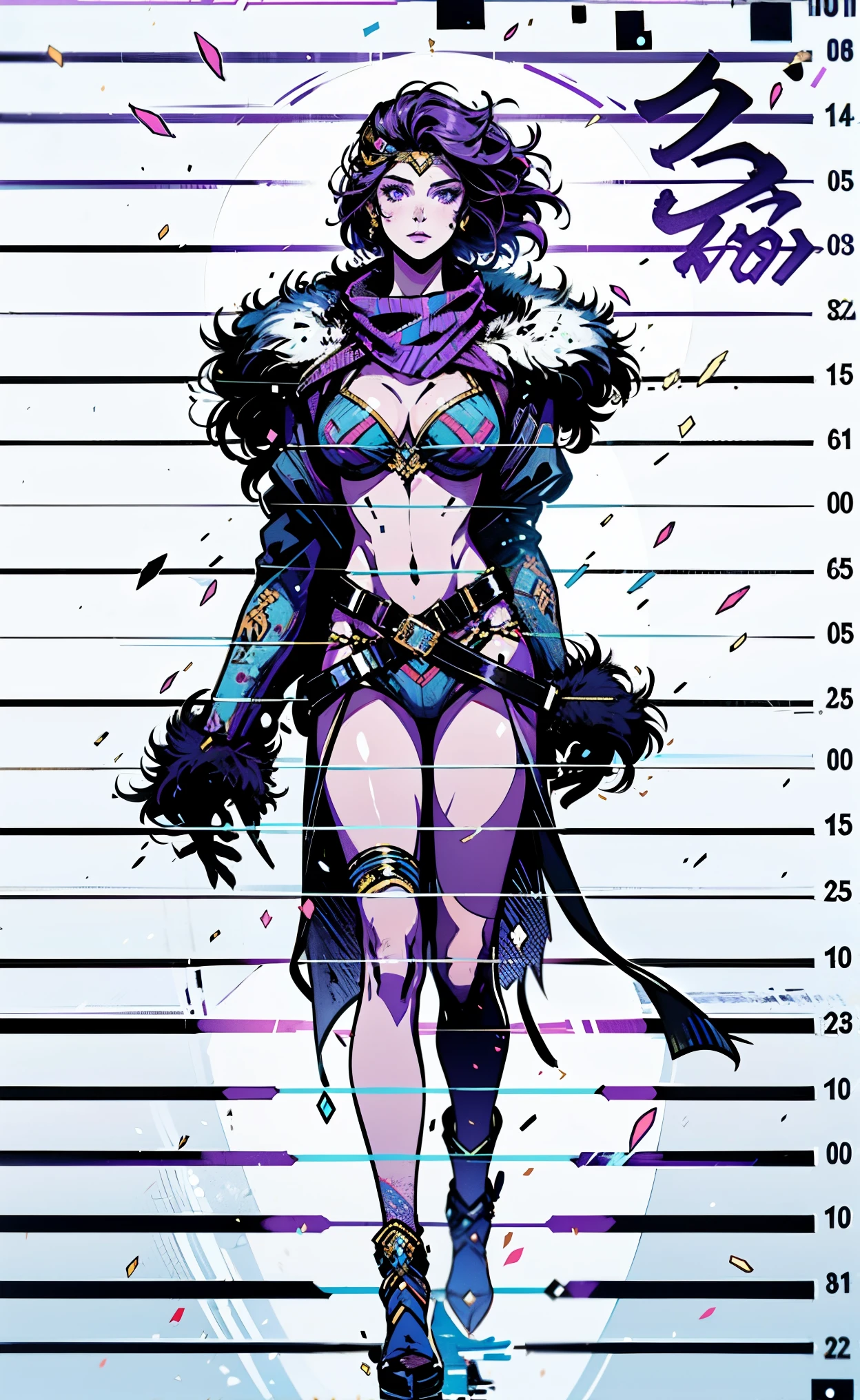 A beautiful woman, short purple hair, long bangs covering her left eye, a headband on her forehead, an exquisite and charming face, a mysterious gaze, a faint smile, draped over her shoulders  a thick fur scarf connected to sleeves made of the same fur, a fantasy-style bikini outfit, showcases her delicate and alluring figure, a fur belt around her waist, the background features a cracked giant stone in the wilderness emitting an eerie glow, this character embodies a finely crafted fantasy-style female villain in anime style, exquisite and mature manga art style, perfect body, perfect nose, goddess, femminine, high definition, best quality, highres, ultra-detailed, ultra-fine painting, extremely delicate, professional, anatomically correct, symmetrical face, extremely detailed eyes and face, high quality eyes, creativity, RAW photo, UHD, 8k, Natural light, cinematic lighting, masterpiece-anatomy-perfect, masterpiece:1.5