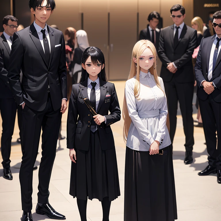 1 male stand in the midle (170 cm tall, black hair, long hair tied, wearing black suit, hands holding black sword infront of him, 20 years old, gloomy face, wearing rings, fit body), 1 male standing on the right (175 cm tall, brown hair, 25 years old, funny expression, wearing black suit), 1 woman standing on the left (160 cm tall, blonde hair, long hair, beauty, fair skin, average boobs, wearing black suit and black skirt, holding a gun, serious face), background police station, 8k, detailed