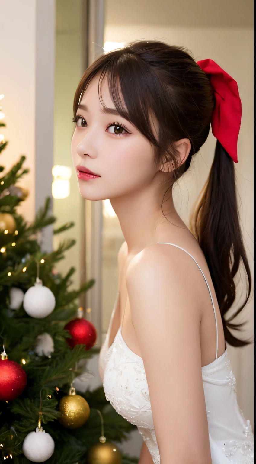 finely detail, hight resolution, hightquality、Perfect dynamic composition, Beautiful detailed eyes, Medium Hair, Natural Color Lip,Kamimehibuya、20 years girl、girl,1 persons、Transparent skin、Glowing hair、masutepiece, Best Quality, Illustration, Ultra-detailed, finely detail, hight resolution, 8K、The correct state of the human body、Randomly cute poses,Ponytail hair,beauty legs,Perfect beautiful face,KPOP Idol Face,Face that feels ecstasy,(Super cute face in idol style:1.2), Christmas tree,Christmas Party,Santa Claus Costume:1.2,cleavage of the breast,Background blur,Randomly dress up as a model for a women's fashion magazine,getting on all fours,Raise your buttocks,on the beds
