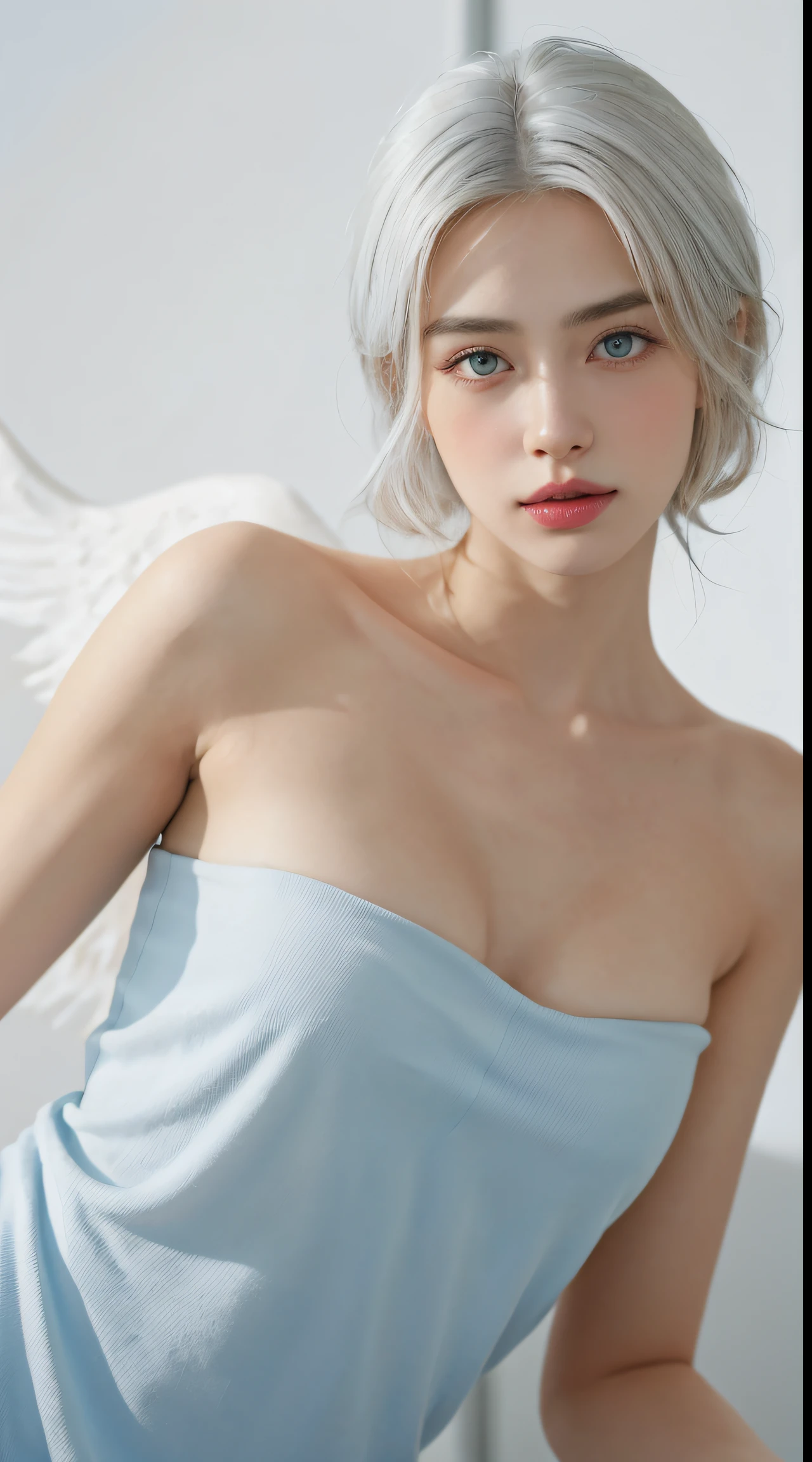 8K, Top quality, Komplizierte Details, Ultra-Details, ultra high resolution, Fotorealistisch, Meisterwerk, random angle, Schlank, smil, (Schminke: 0.4), (Flauschige blaue Augen: 1.21), blaue Augen, Frontansicht, Blick auf den Betrachter, ((full entire body)), 1girls, nur, 女の子1人, (( full entire body)), Nahaufnahme, , ((hoch)), (((fit body))), (((Schlankes Gesicht))), Scharfes Gesicht, Scharfe Augen, ((( White hair, sehr langes Haar, )) , (detailliertes Gesicht), Scharfes Gesicht, kleine Lippen, ((angelic wings )), ((Crop-Oberteil)), detailliertes Gesicht, Detaillierte Brust, , large chest, detail, , Beautiful girl with accentuated slender abs: 1.4, Sixpack Bauchmuskeln: 1.4, Bust Botox, big, Perfect Body, Detail Bein, (( im Himmel)),