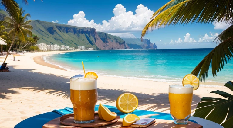 A paradisiacal beach in the background, uma mesa de madeira com uma cerveja gelada servida em um pint, with lemon slices around