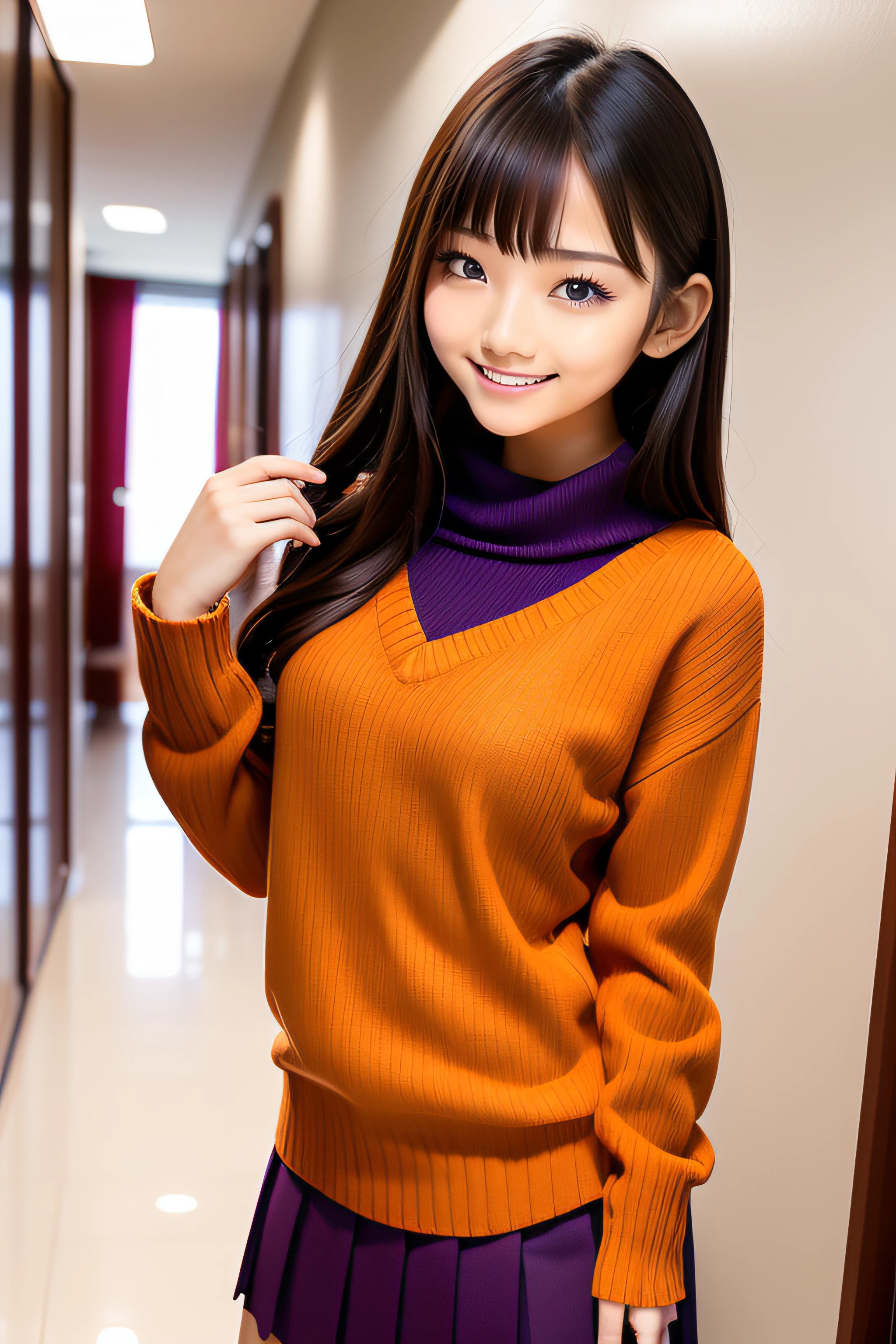 High school girl wearing a red-purple sweater、orange wool pleated skirt、school hallway、bangss、s lips、watching at viewers、A smile、Photorealsitic、high-level image quality、masutepiece, Best Quality, 8K, Beautie、Fine details