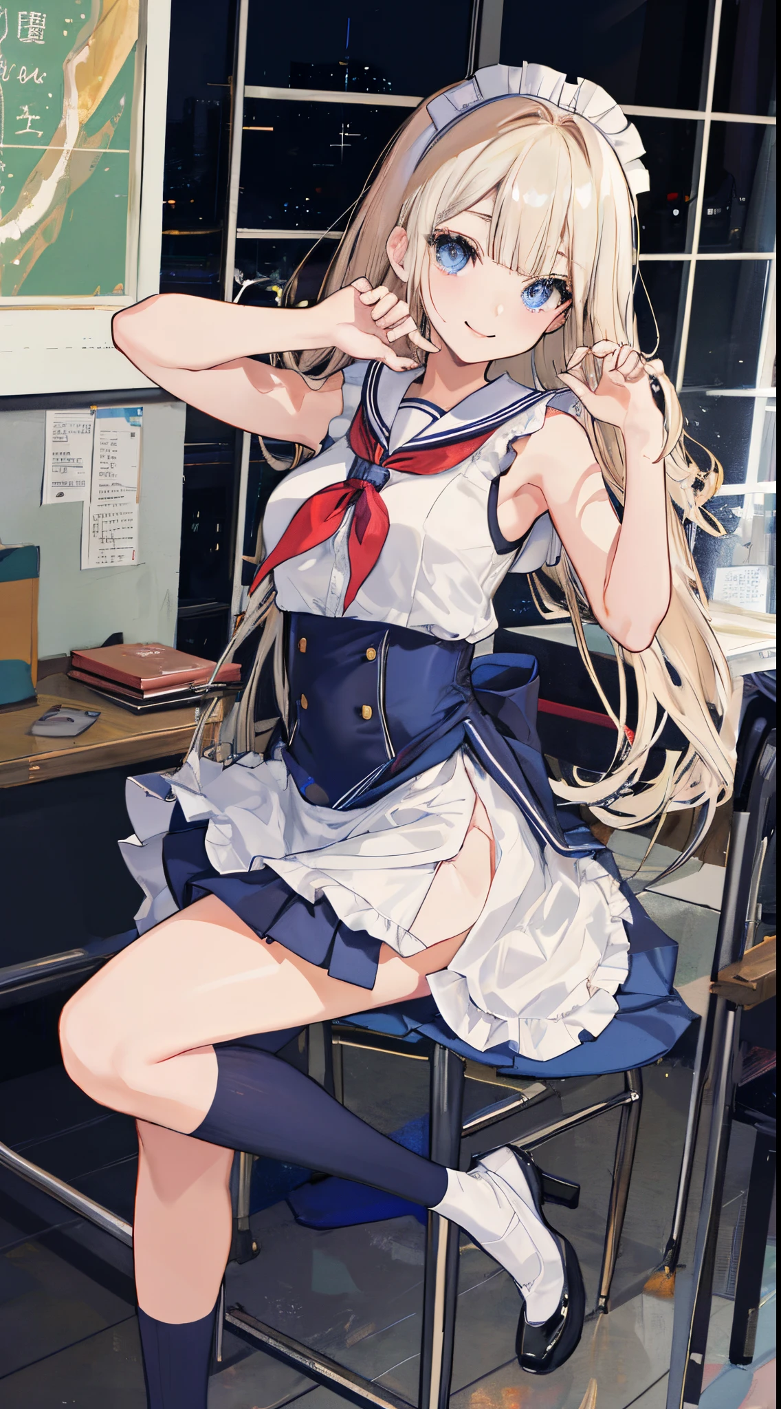 top-quality、realistic touch,high-detail、photoRealstic、Long body、captive beauty、big eye、Strong platinum blonde eyelashes、platinum-blond、full body Esbian、Sparkling eyes、Submissive smile、Flushed cheeks、Kamimei、thin-waist、Voluptuous thighs、Enraptured look、Raked bangs、The forehead is protruding、Tight sailor uniform、sleeveless、Tight and short skirt with a large slit、Inside a school classroom、She isn't not wearing panties、High-waisted skirt、maid costume、
