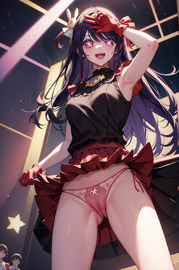 Ai Hoshino, Ai Hoshino, hair between eye, Hair Ornament, Hair Ribbon, Long hair, (Purple eyes:1.1), Purple hair, rabbit hair ornament, (star-shaped pupils:1.5), symbol-shaped pupils,Brake belt, Black belt, brooches, Dress, Pink dress, frilly dress, Ruffled gloves, frilly gloves, heart brooch, Idol, Idol clothes, Jewelry, Pink gloves, Red Ribbon, bow ribbon, turtleneck dress, (masterpiece:1.2), Best Quality, High resolution, Unity 8k, (Illustration:0.8), (Beautiful detailed eyes:1.6), extra detailed face, Perfect Lighting, extremely details CG, (Perfect hands, Perfect Anatomy), Smile with open mouth, (((lift up one's skirt, open legs, red string panties:1.3))), concert stage, from below the stage Low angle shot,