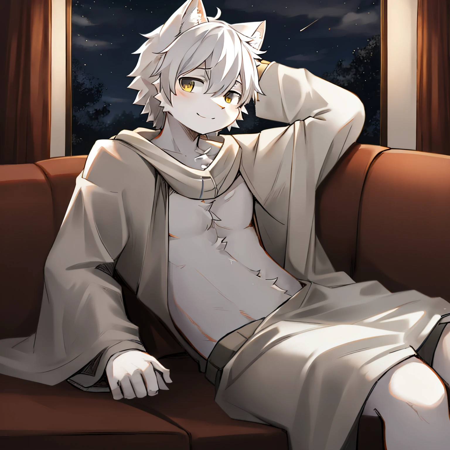 Male white cat covered with blanket leaning on brown sofa at night,Relaxed expression,natta