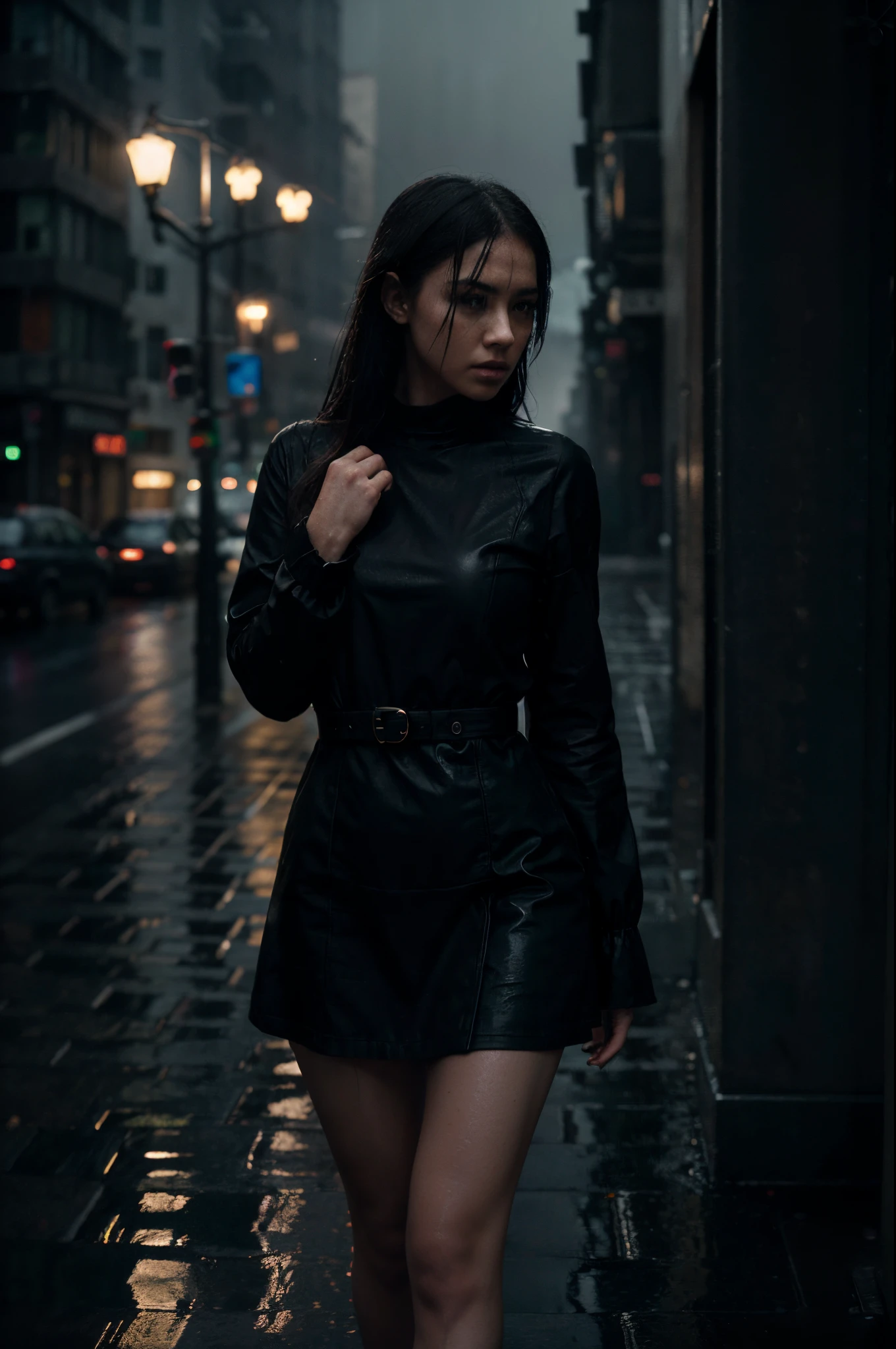 high resolution, ultra-detailed photograph of a solitary female character standing on the edge of a building, heavy rain pouring down, intense darkness, black dress, detailed facial expression portraying loneliness, cinematic atmosphere, city lights reflecting on wet surfaces, dramatic shadows, silhouette against the urban backdrop, melancholic mood, captured with professional DSLR camera, trending on Artstation, 64k resolution, ultra-accurate details, bokeh lighting, surrealism, intricate, emotion-evoking, captured by renowned photographer, dark and moody ambiance, somber demeanor, isolated figure, urban noir aesthetic, captivating rain-soaked environment.