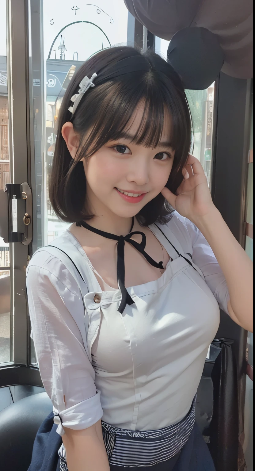 a closeup, ​masterpiece, top-quality, FULL ANATOMY、Raw foto, Photorealsitic、(Cute little face:1.5)、(Very cute smile:1.7)、(Looking at the camera)、(with round face:1.9)、(pinafore:1.4)、(Black eyes、A dark-haired:1.8), depth of fields, hight resolution, ultra-detailliert, finely detail, ighly detailed, extremely detailed eye and face, Realistic person,(Realistic background:1.9), (accurate hands、accurate fingers:1.5), foco nítido, Cinematic lighting、18-year-old woman、、(Only one person、without background:2)、 (short-cut:1.4)、Very detailed 8k wallpaper、Show me your whole body、Looking at the camera、Angle from below、(Thigh close-up、large full breasts:1.6)、(Nice figure、Clothes with emphasized chest bulge、big breasts thin waist)、Background depth of field