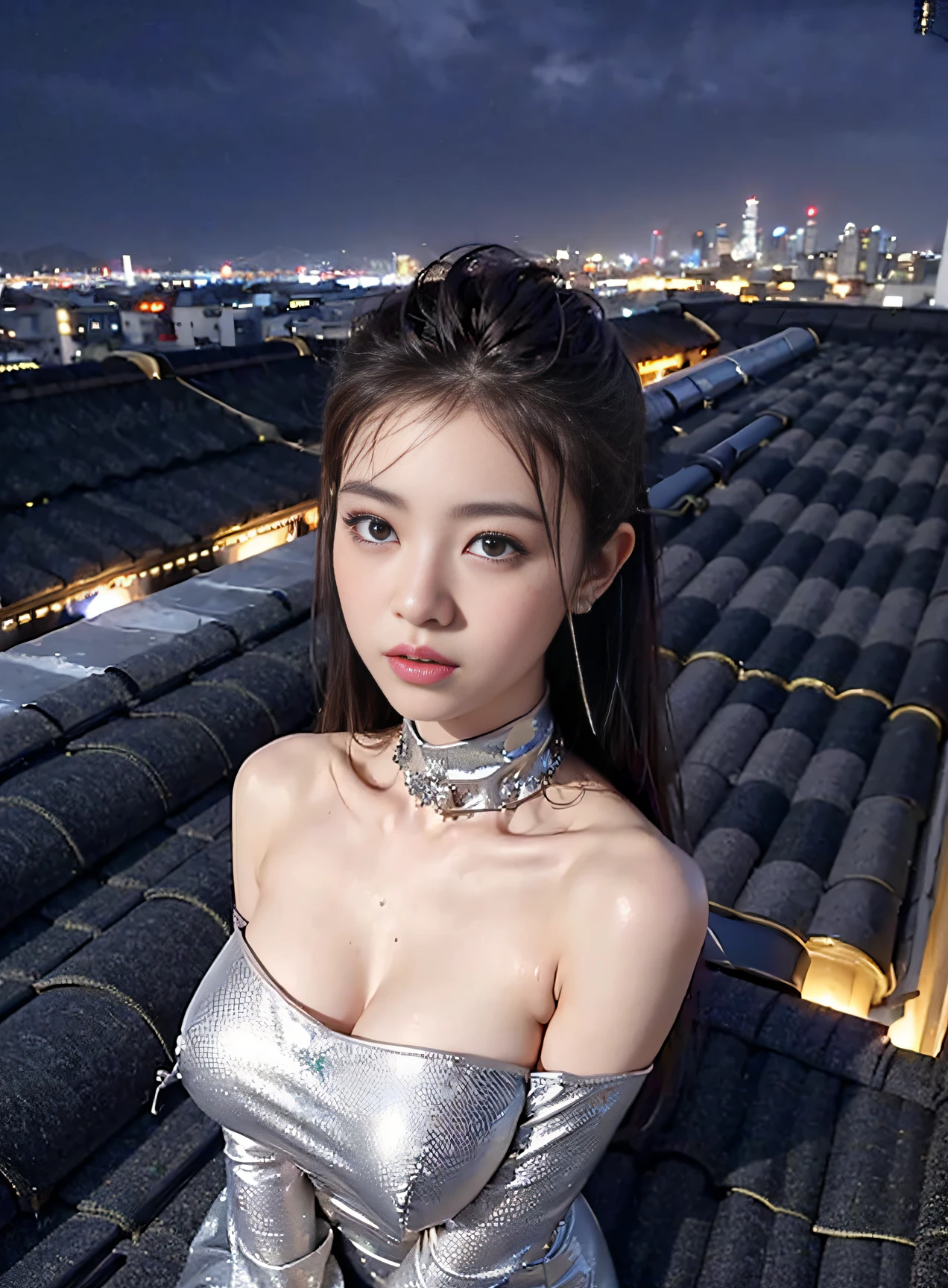 (((1人の女性: 2))), (Beautiful girl in a super shiny metallic silver mini dress), (Super Shiny Metallic Gold Fashionable Turtleneck Off Shoulder Mini Dress), ((Rooftop of a city building with a beautiful night view:1.8)), (Cute girl at 18 years old), ((1screen)), in 8K, RAW shot, top quality photo, ​masterpiece, Nice realistic photos, ((Anatomically correct proportions: 1.5)), Beautiful woman with Japan like an actress, ｛Slender body｝、small head, Detailed face, Detailed eyes, Narrow Nose, Detailed fingers, detailed arms, Detailed skin, Detailed legs, short torso, Narrow waist , Large breasts, Nipple shadow, Small buttocks, Gravure photo shoot with bold pose、Crotch open pose、Heavy rain、Rain-soaked skin、Rain-soaked hair