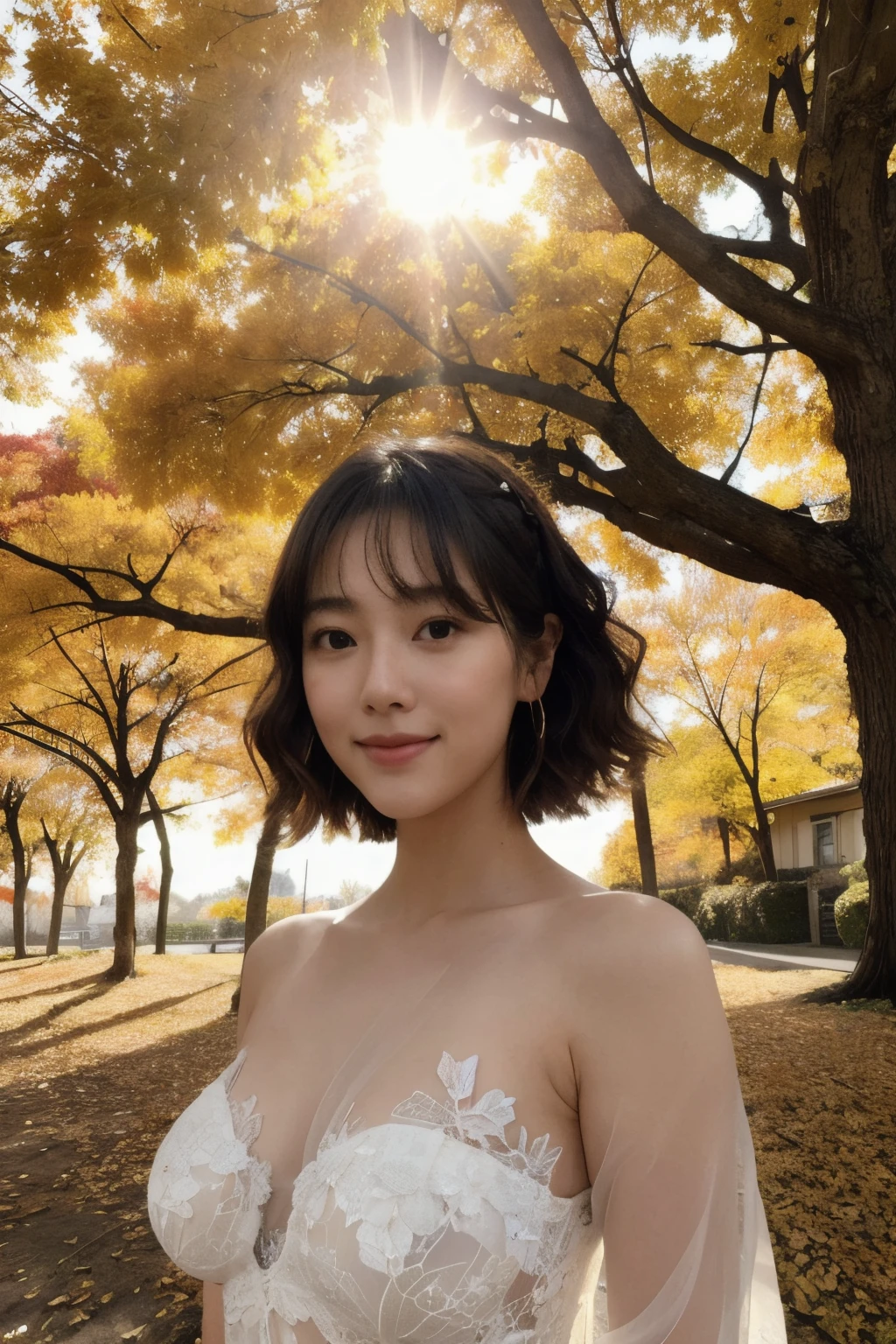 (actual:1.3), Rembrandt lights, (tmasterpiece:1.2), (realisticlying:1.2), (Best quality at best), (Delicate skin:1.3), (Complicated details), Ray traching,1个Giant Breast Girl, japanaese girl, 21yo, Detailed skin texture, (Be red in the face:0.5), sub surface scattering, Smiling, Coiled hair, By bangs, hair between eye, hair adornments, Lace tulle, Floral, fine seat (Sunny days, autumn environment, Autumn trees and leaves, (It was originally transparent:1.2)