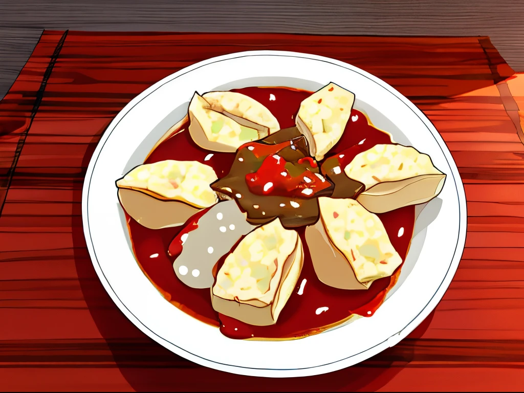 bowl of food, meat and gravy, In the style of Pan Ren Wei, Dumplings on a plate, Sugetsu, Sichuan, shogakukan, gray in color, Tiba Judas, 3 4 5 3 1, brown sauce, Tang Mo, sha xi, gris, ƒ/5.6