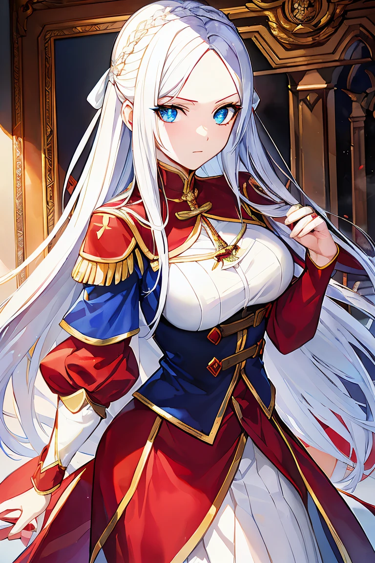 a woman with long white hair and blue eyes wearing a red cape, edelgard fire emblem, edelgard from fire emblem, fire emblem three houses, portrait knights of zodiac girl, inspired by Li Chevalier, official character art, fus rei, official art, high quality portrait, lianna, portrait of a female anime hero, moon ryas, robin, fire emblem