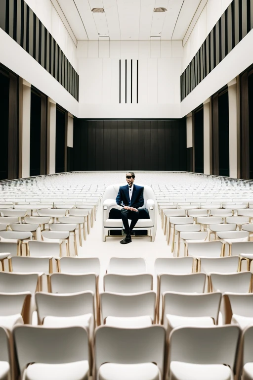 A guy in a white suite sitting on a chair in an empty big white hall