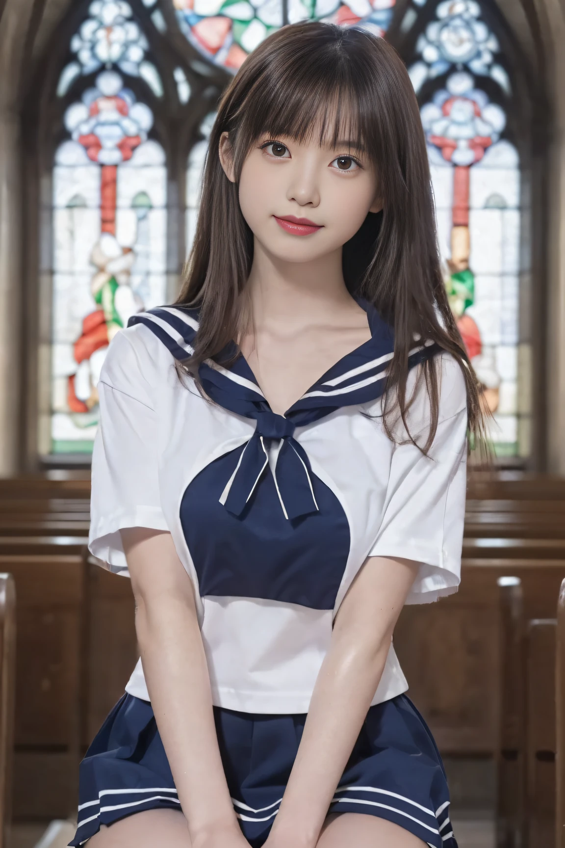(((Draw only one woman: 2))), Beautiful 18 year old Japan woman, (High school girl in short sleeve sailor suit: 1.5), (Japan strict girls' school sailor uniform), ( High school girl pretending to be sitting in church pews: 1.2), (Beautiful and elaborate stained glass on the background: 1.5), ((1screen)), 8K, RAW shot, top quality photo, masutepiece, Nice realistic photos , ((Anatomically correct proportions: 1.5)), ((Perfect proportions)), Cute woman like an idol of Japan, Detailed face, Detailed eyes, Narrow Nose, Detailed hands and fingers, Detail Arm, Detailed skin, Detailed legs, short torso, Slender body, (shiny long hair: 1.5), (Large breasts: 1.5), Fit sailor suit
