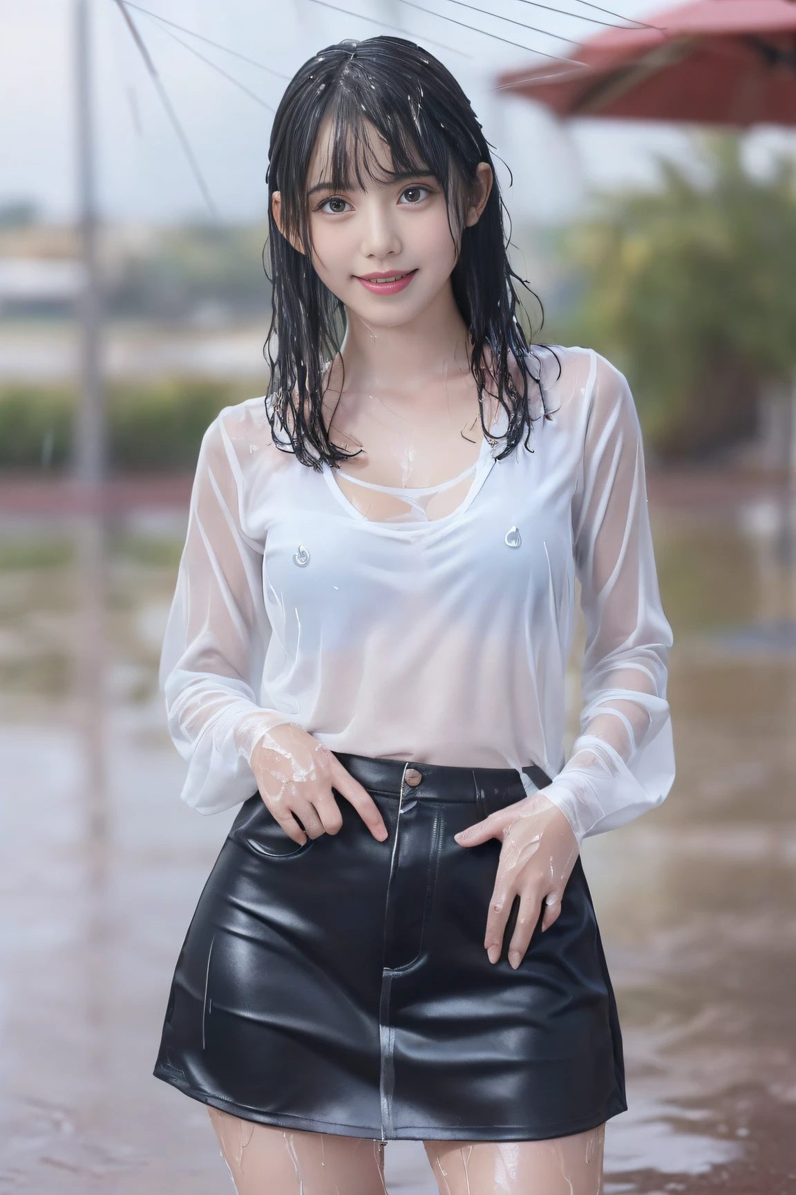 ((Draw only one woman: 2))), (Heavy Rain Concert Venue), ((Idol woman singing and dancing on stage)), (Idol's cute miniskirt sheer costume: 1.5), ( (clothes wet with rain: 1.8)), ((Clothes that stick to wet skin: 1.8)), ((Rain-soaked skin)), ((Rain-soaked hair: 1.8)), ((Rain wet bangs: 1.8)), (Happy smile: 1.2), Beautiful  woman, ((1screen)), 8K, RAW shot, top quality photo, masutepiece, Nice realistic photos, (( Anatomically correct proportions : 1.5)), ((A woman with perfect proportions like a Japanese idol)), ((small head)), Detailed face, Detailed figure sunken eyes, Narrow Nose, (Detailed fingers: 1.2), detailed arms, Detailed skin, Detailed legs, (Slim Style), (thin waist)), (medium breasts⁩), (Nipple shadow: 1.5)