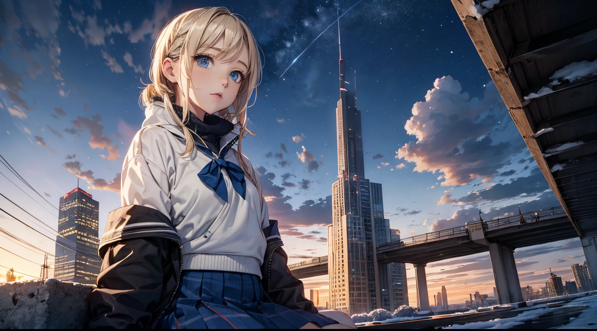 masutepiece,8K,octans, Skysky, stele(Skysky), landscapes, starrysky, natta, 1girl in, nigh sky, report, plein air, built, clouds, milkyway, sitting on, 城市, silhuette, Cityscape,(Short, Low twin-tailed blonde hair:1.2),(Deep Blue Eyes:1.3),(winter school uniform:1.1)