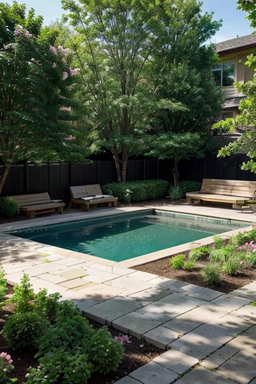 landscape architecture, illistrative site plan, L shaped pool, four planter boxes, pink flowering trees, green deciduous trees, small green shrubs, two wooden benches, midday, full sun, sidewalk