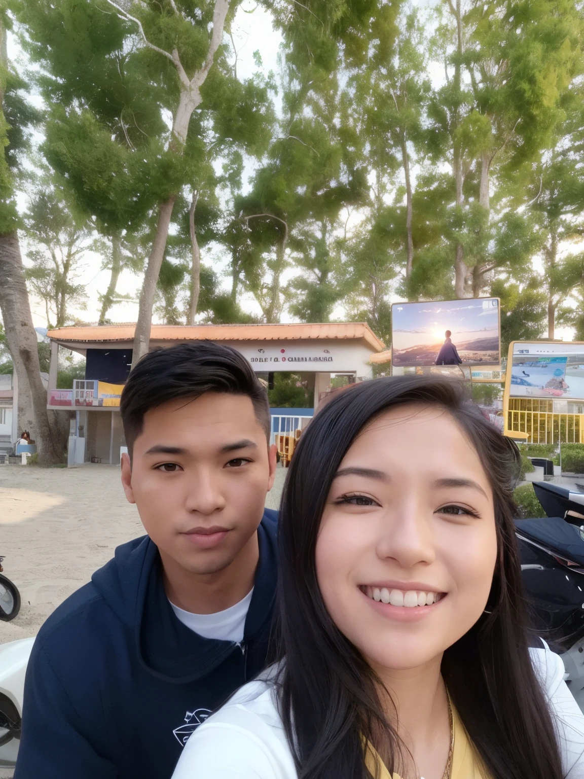 there are two people that are posing for a picture together, selfie photo, selfie, taken on go pro hero8, avatar image, frontal picture, during sunset, couple, a picture, foto, selfie shot straight on angle, help me, 😭 🤮 💕 🎀, 8k selfie photograph, with sunset, with a park in the background, happy couple, go pro