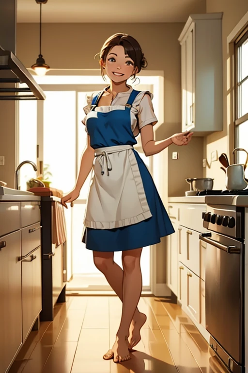 A beautiful barefoot cheerful young woman wearing an apron, in a kitchen.
