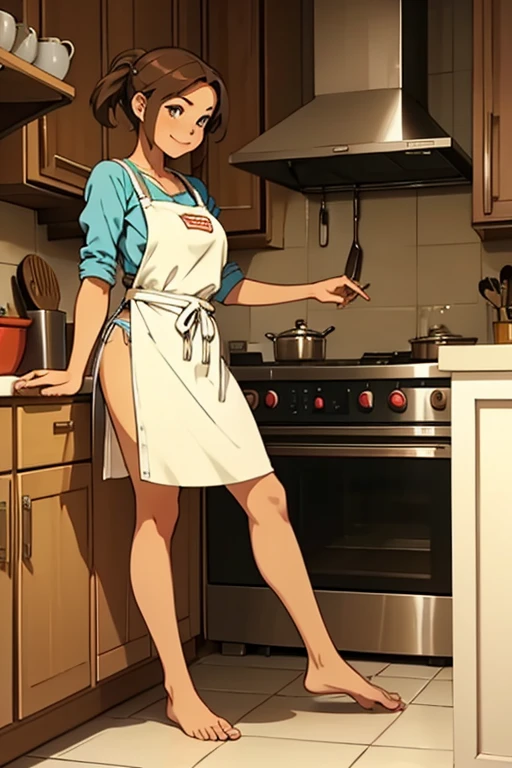 hiquality, tmasterpiece (One guy Astolfo, housewife) Cute smiling face with an elongated tongue, apron on the naked body, Bare feet in slippers. In the background of the kitchen. holding a dish of steam soup in his hand