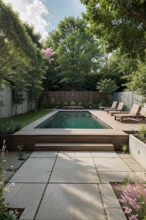 landscape architecture, illistrative site plan, L shaped pool, four planter boxes, pink flowering trees, green deciduous trees, small green shrubs, two wooden benches, midday, full sun, sidewalk, white modern house, rectangle house