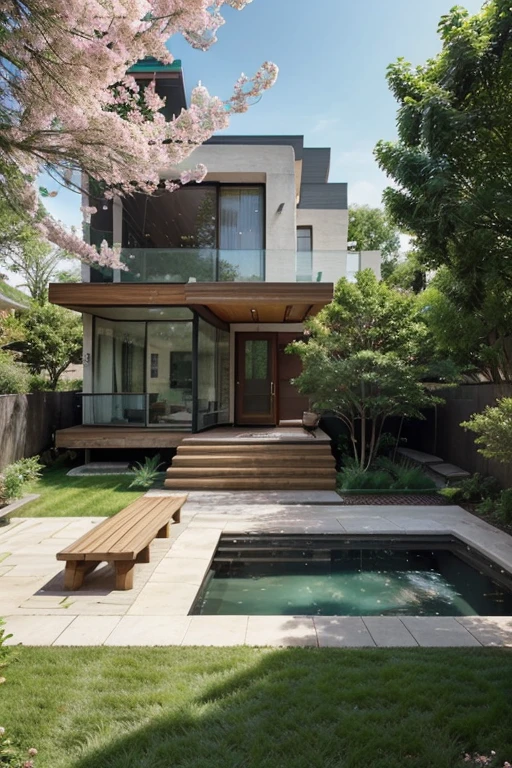 landscape architecture, illistrative site plan, L shaped pool, four planter boxes, pink flowering trees, green deciduous trees, small green shrubs, two wooden benches, midday, full sun, sidewalk, white modern house, rectangle house