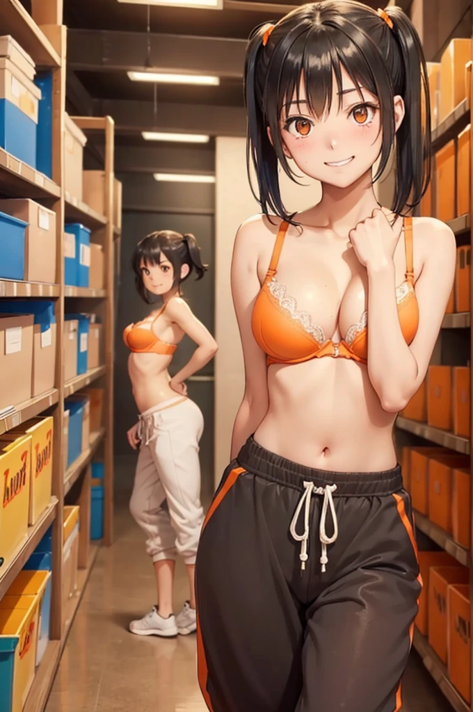 1 girl, looking at viewer, Victoria Secret model, arms behind back, nude bra, too tight, embarrassed smile, slim waist, black hair, twintails, short hair, orange eyes, sweatpants, storeroom, 8k high quality
