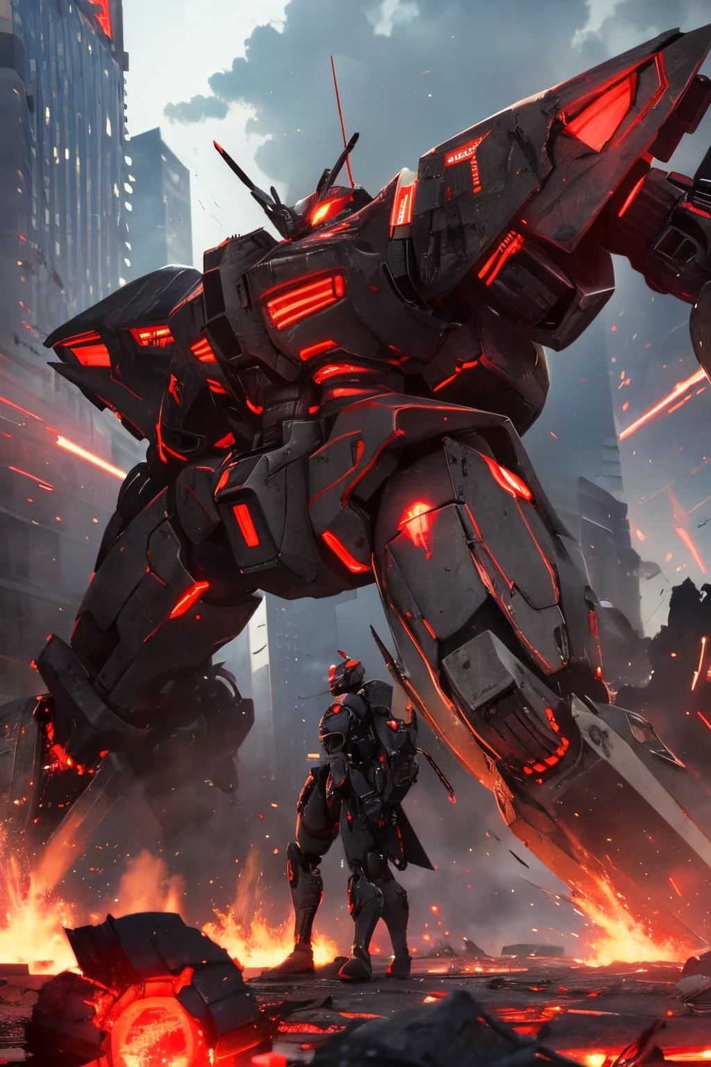 A destroyed city, post-apocalypse, god particles in the air, in the center, a 10-meter thin and sharp-angled robot, MECHA, a black robot with red visors that glow, red stripes of energy along the robot’s body, an elongated and curved head, ((Armored Core)
