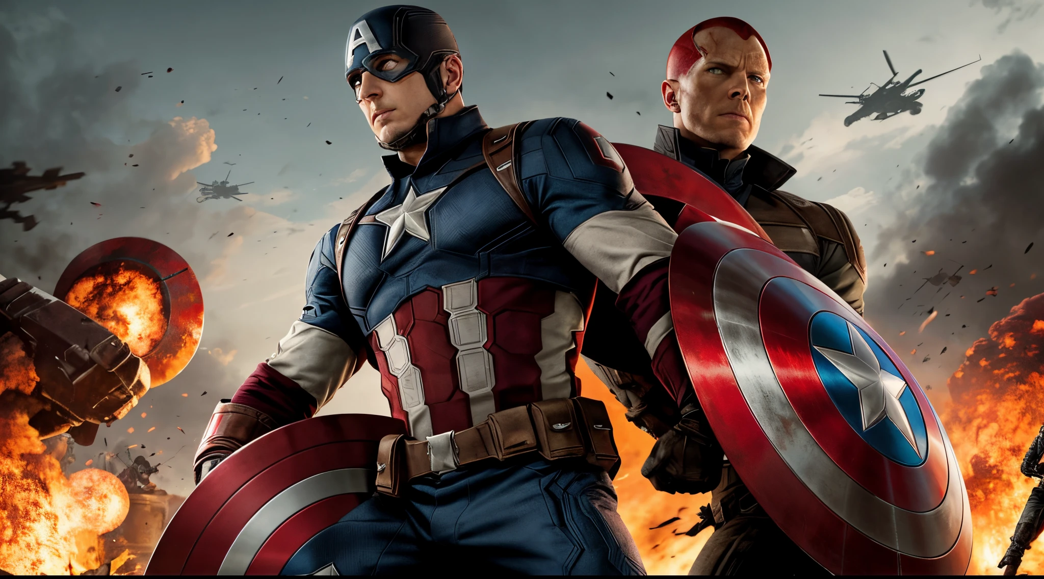 image of Captain America with shield fighting with a man, red skull, Marvel Art, Captain, man with red skull, War Style. The setting should reflect the warfield environment, with attention to historical details, with soft colors. The image must be detailed and have 8k resolution.