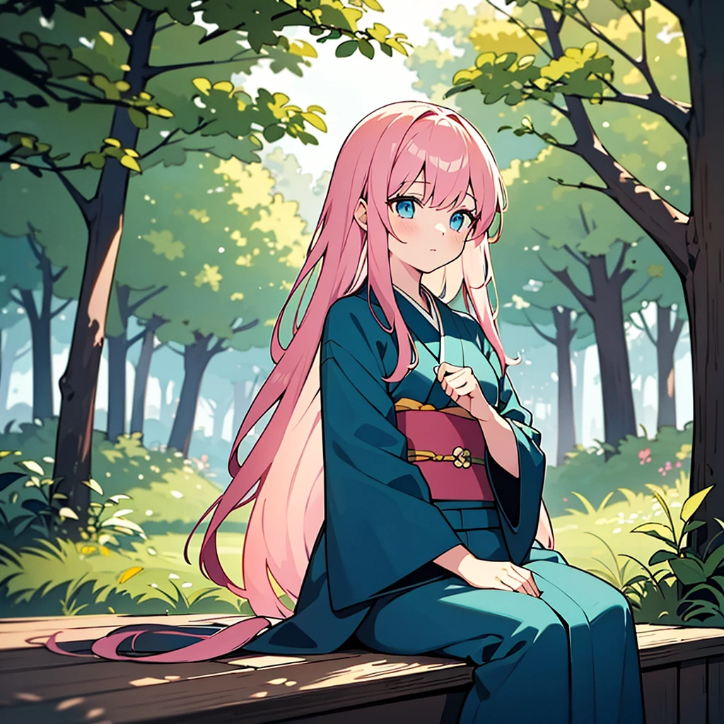 forest background, 1woman, break pink hair, break blue eyes, blue kimono, long sleeves, medium length hair, high detail, sitting and talking to a rabbit