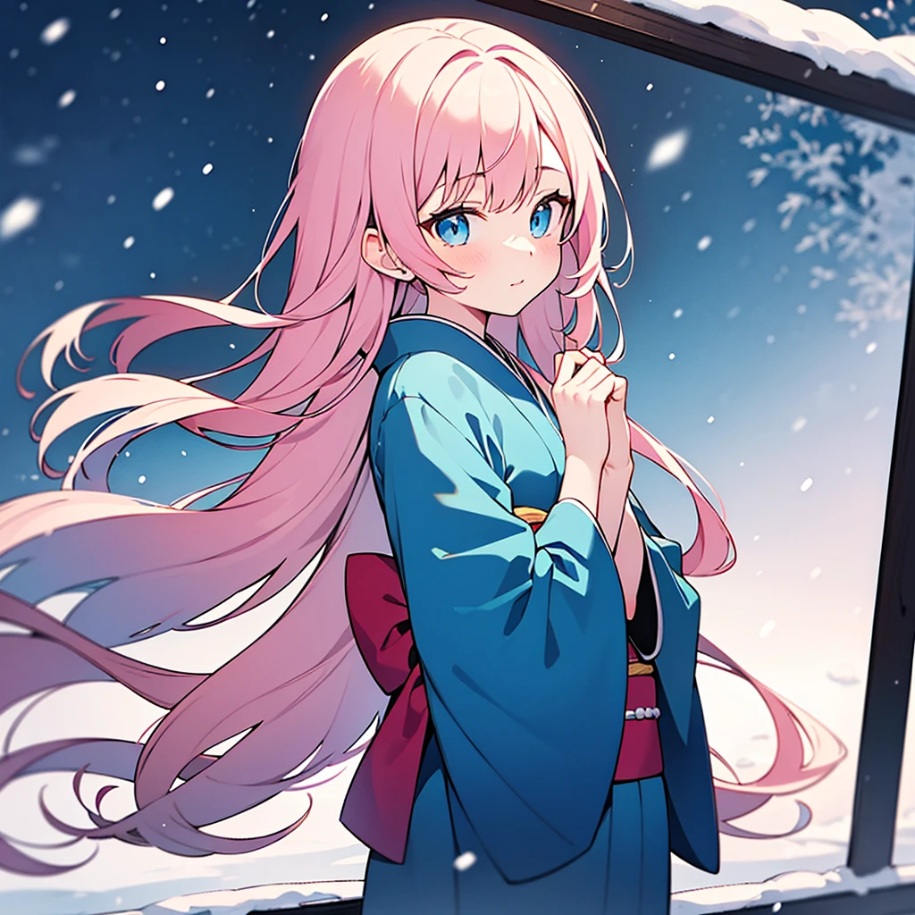 winter background, 1woman, break pink hair, break blue eyes, blue kimono, long sleeves, medium length hair, high detail, put the hands out to catch the falling snow