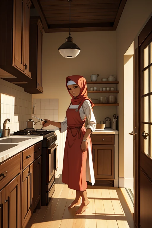 A beautiful barefoot  young hijabi woman wearing modest clothes and an apron, in a kitchen.