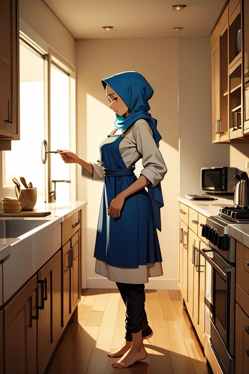 A beautiful barefoot young hijabi woman wearing modest clothes and an apron, in a kitchen.