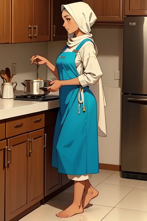 A beautiful barefoot  young hijabi woman wearing modest clothes and an apron, in a kitchen.