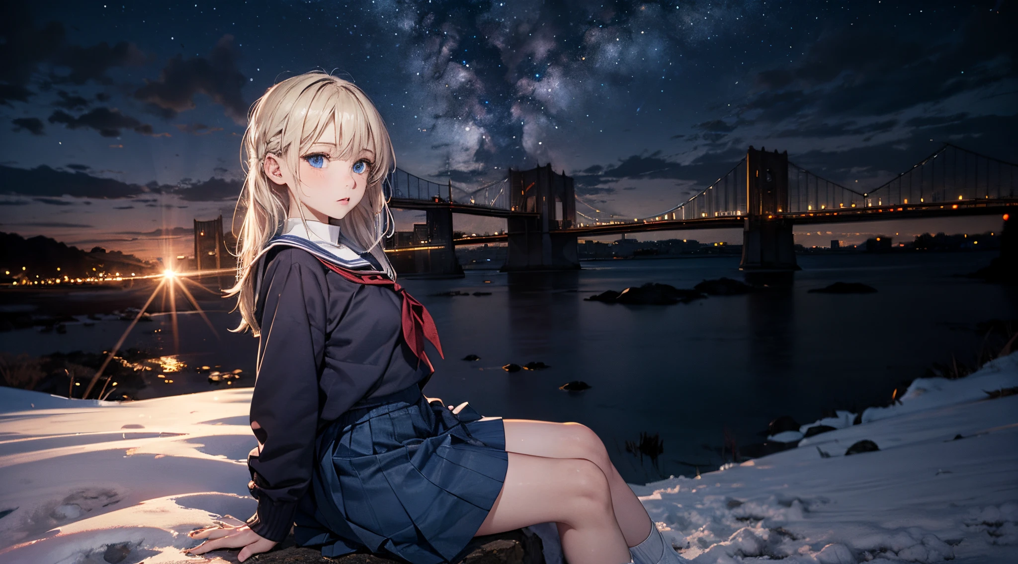 masutepiece,8K,octans, Skysky, stele(Skysky), landscapes, starrysky, natta, 1girl in, nigh sky, report, plein air, built, clouds, milkyway, sitting on, 城市, silhuette, Cityscape,(Short, Low twin-tailed blonde hair:1.2),(Deep Blue Eyes:1.3),(winter school uniform:1.1)