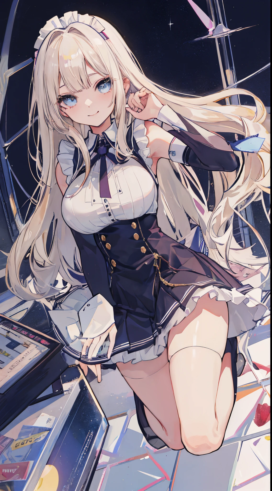 top-quality、realistic touch,high-detail、photoRealstic、Long body、captive beauty、big eye、Strong platinum blonde eyelashes、platinum-blond、full body Esbian、Sparkling eyes、 smile、Flushed cheeks、Kamimei、thin-waist、 thighs、Enraptured look、Raked bangs、The forehead is protruding、Tight sailor uniform、sleeveless、Tight and short skirt with a large slit、Inside a school classroom、She isn't not wearing 、High-waisted skirt、maid costume、