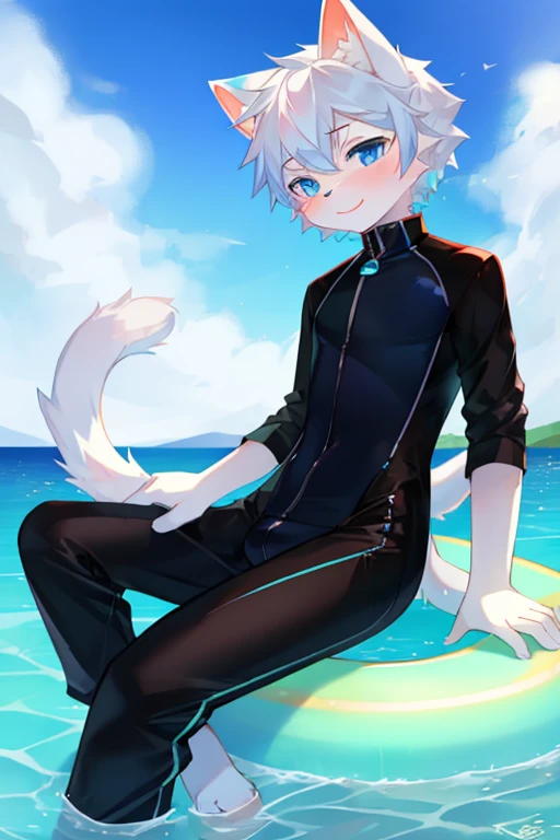 A white cat sitting on a swim ring in the water！,A cat posing while sitting on a swimming ring,Wear black jumpsuit , Nice tail！！There  an island behind，china blue eyes,  cat on swimming ring, With cute doting eyes