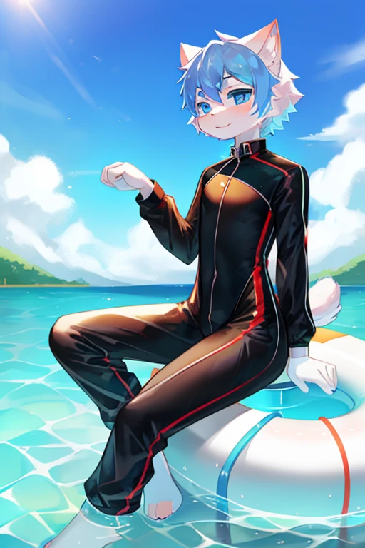 A white cat sitting on a swim ring in the water!,A cat posing while sitting on a swimming ring,Wear black jumpsuit , Nice tail!!There an island behind,china blue eyes, cat on swimming ring, With cute doting eyes