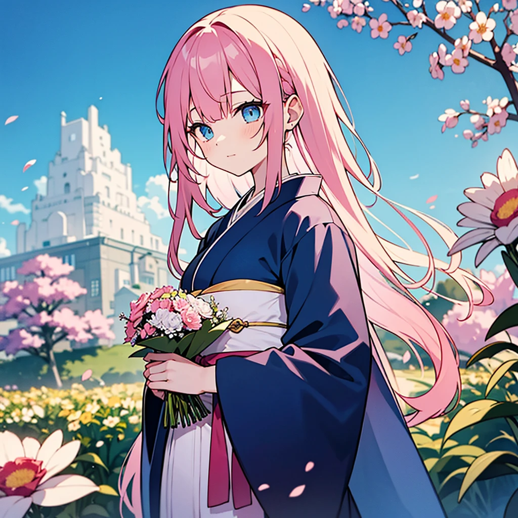 spring garden, 1woman, break pink hair, break blue eyes, blue kimono, long sleeves, medium length hair, high detail, holding a bouquet of flowers
