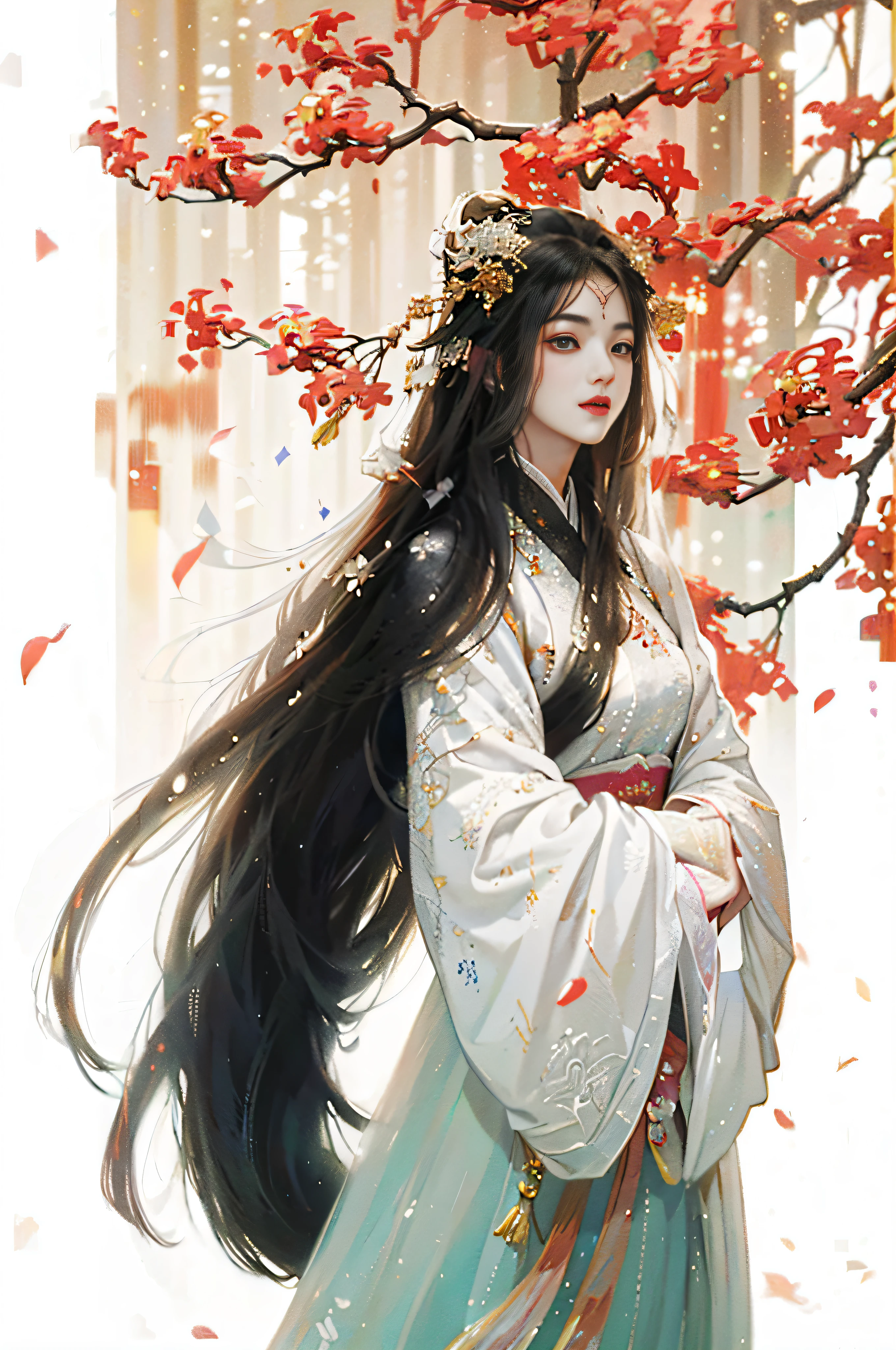 (Extremely Delicately Beautiful:1.2), 8K, (tmasterpiece, The best:1.3), (archaic_chineseidol_fanciful:1.7) (long_The white_the hair_A princess:1.5) (Wearing white Hanfu with gold embroidery:1.2), 1 girl, (perfect pubic_Symmetrical_The eye:1.5) Amazing Cleavage_enchanting_staredown, gorgeous perfect face