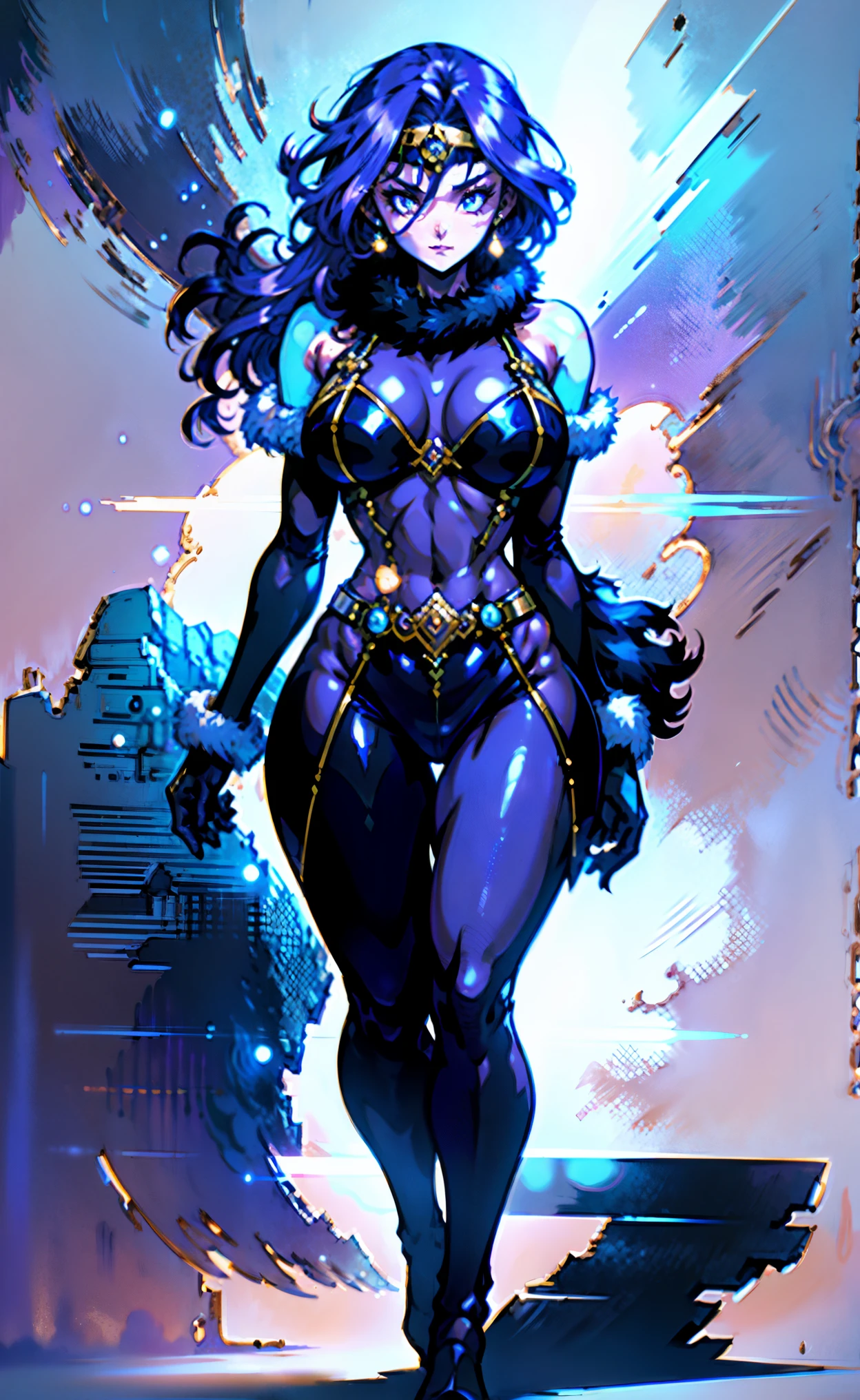 A beautiful woman, short purple hair, long bangs covering her left eye, a headband on her forehead, an exquisite and charming face, a mysterious gaze, a faint smile, draped over her shoulders a thick fur scarf connected to sleeves made of the same fur, a fantasy-style bikini outfit, showcases her delicate and alluring figure, a fur belt around her waist, the background features a cracked giant stone in the wilderness emitting an eerie glow, this character embodies a finely crafted fantasy-style female villain in anime style, exquisite and mature manga art style, perfect body, perfect nose, goddess, femminine, high definition, best quality, highres, ultra-detailed, ultra-fine painting, extremely delicate, professional, anatomically correct, symmetrical face, extremely detailed eyes and face, high quality eyes, creativity, RAW photo, UHD, 8k, Natural light, cinematic lighting, masterpiece-anatomy-perfect, masterpiece:1.5